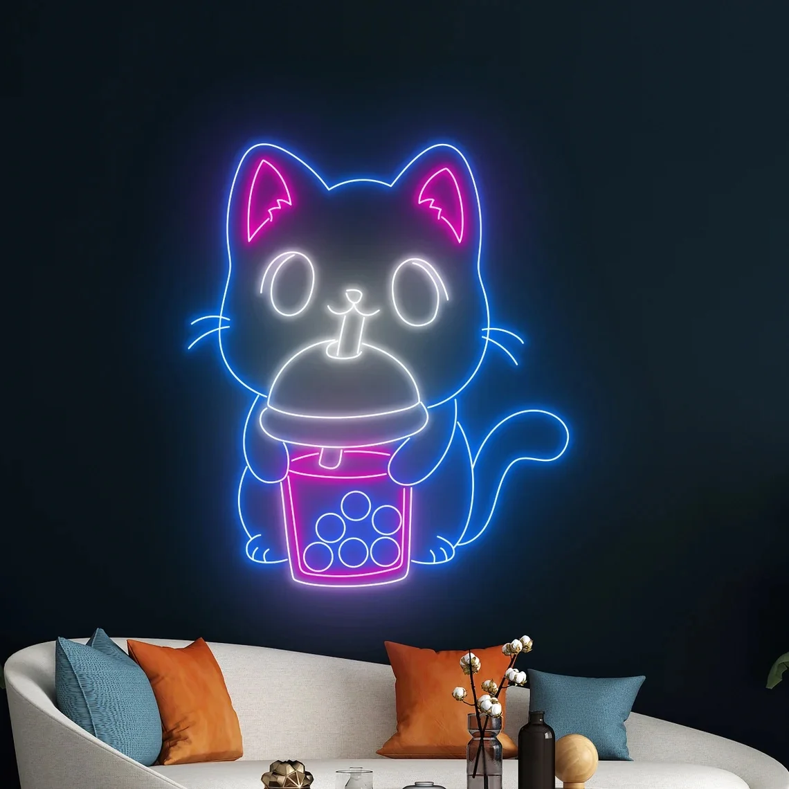 Cat Drinking Boba Tea Neon Sign Milk Tea Neon Sign Tea Drink Neon Sign Room Wall Decor Coffee Open Neon Light