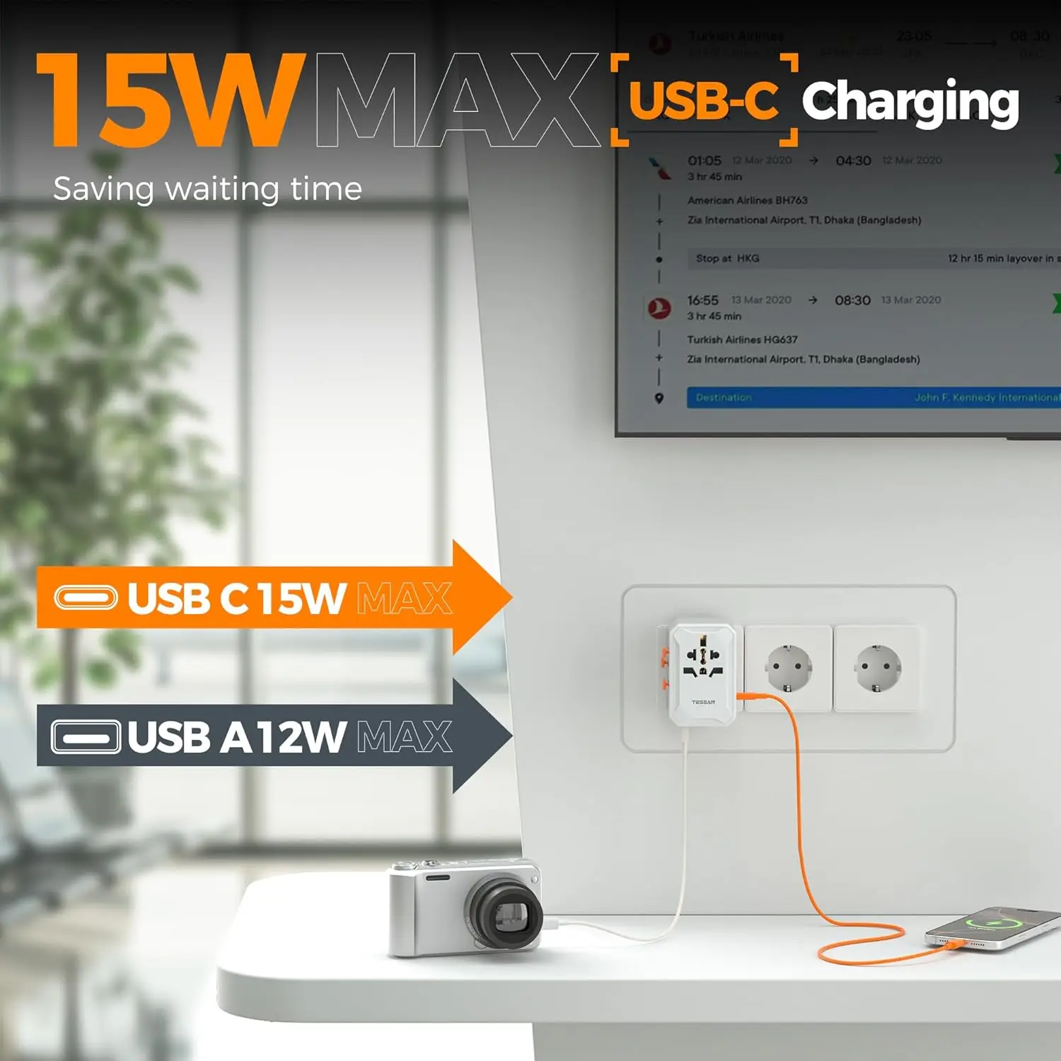 Адаптер для путешествий по всему миру TESSAN с универсальной розеткой переменного тока 3 USB C 2 USB A GaN Международный адаптер для вилки Великобритании/ЕС/США/Австралии