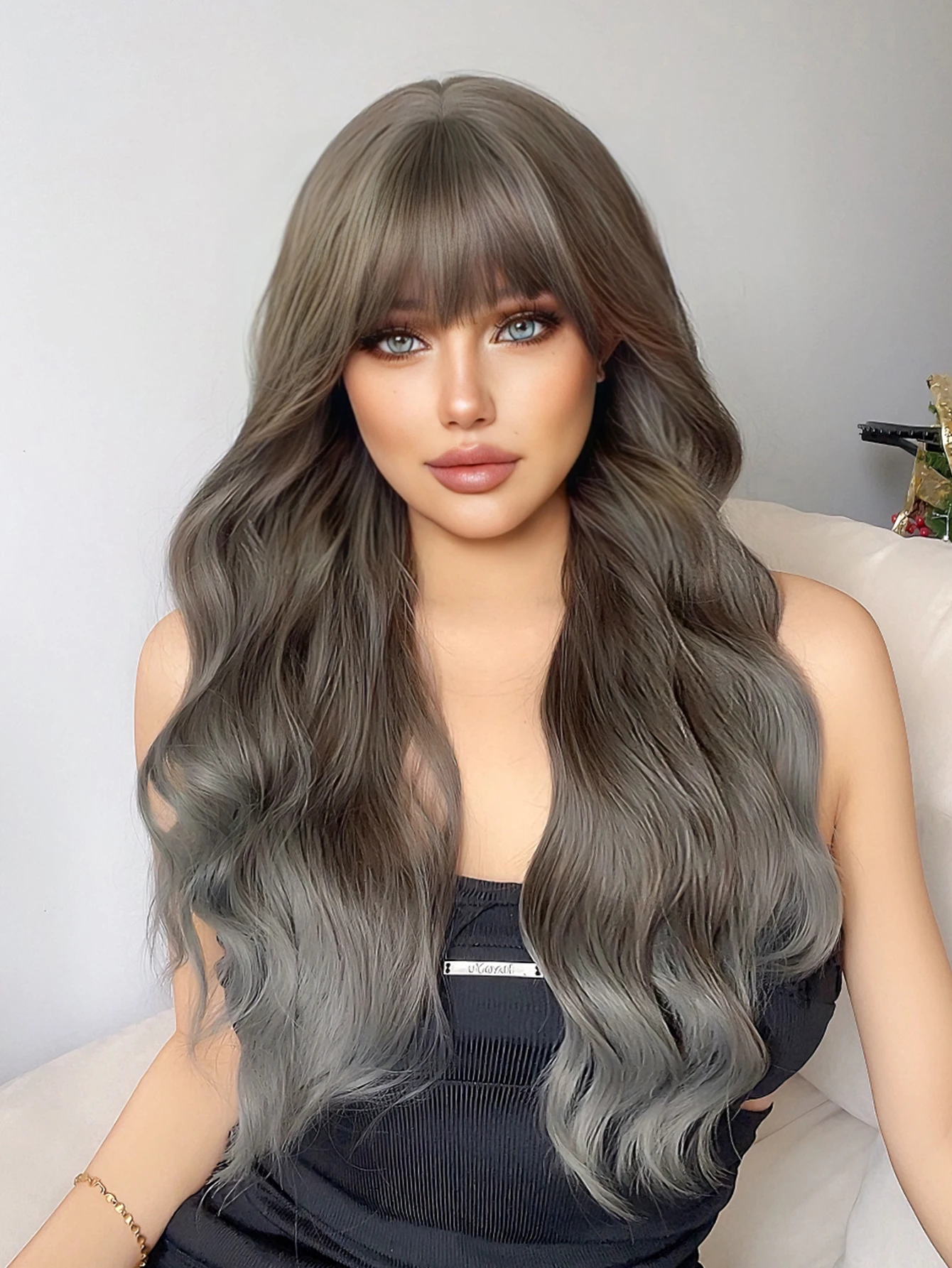 24Inch Brown Gradient Gray Color Synthetic Wigs With Bang Long Natural Wavy Hair Wig For Women Daily Use Cosplay Heat Resistant