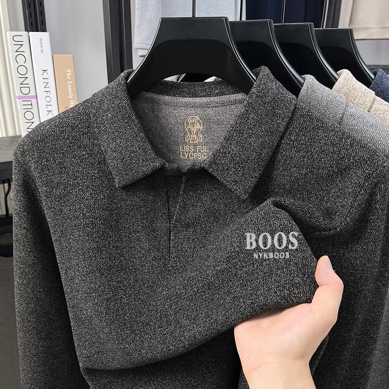 Designer Advanced Lapel Polo Shirt New Spring Autumn Solid Color No Button Long Sleeve T-shirt Fashion Versatile Men's Clothing
