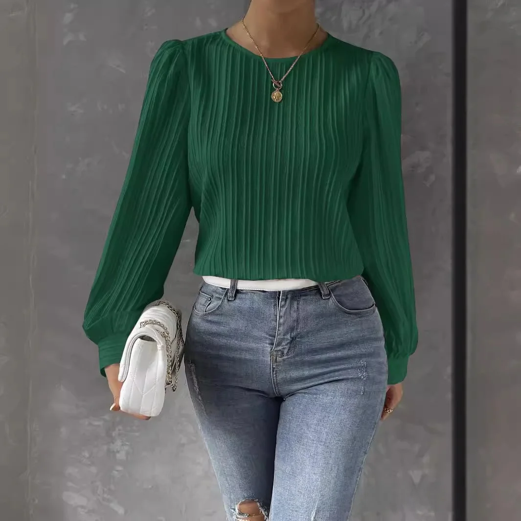 

Женская свободная рубашка с рукавами-фонариками и круглым вырезом, цветная, с длинными рукавами, новый стиль для повседневной носки, трансграничная новинка