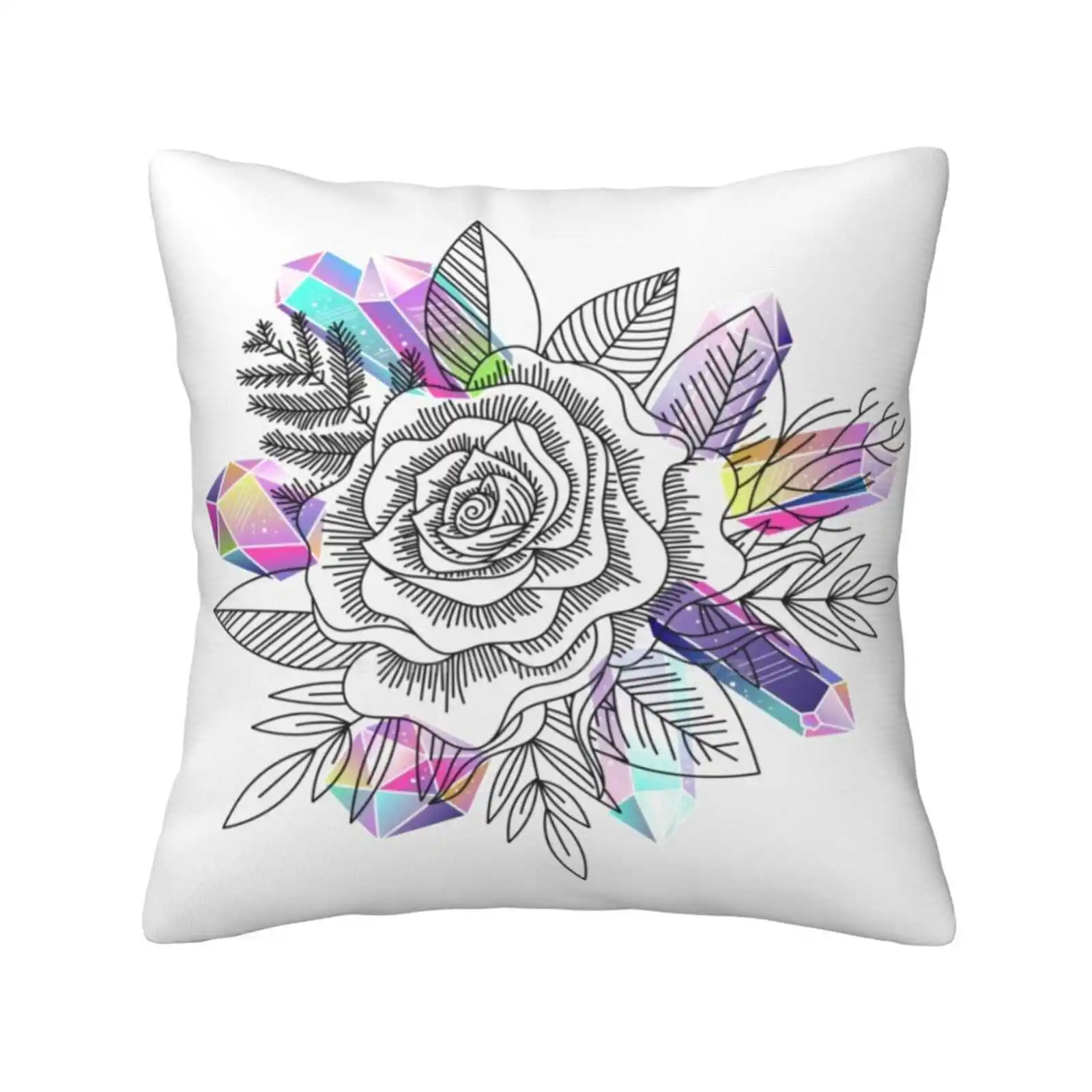 Rose And Crystals Funny Cute Decor Square Pillowcase Rose Crystal Rainbow Flower Floral Foliage Stone Decorative Graphic Branch