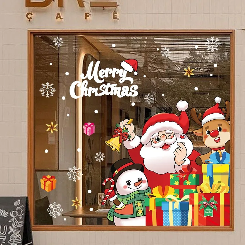 Christmas Snowman No Static Sticker Christmas Store Shop Glass Sliding Door Decoration Window Cling Merry Christmas