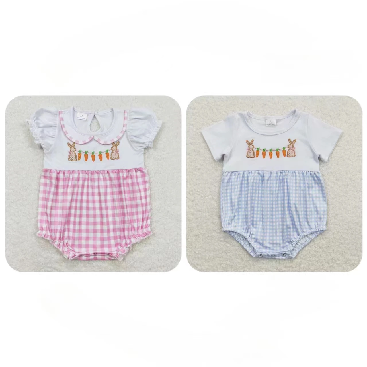 

Wholesale Children Kids Toddler Embroidery Rabbits Carrots Newborn Easter Plaid Short Sleeve Romper Baby Boy Girl Bubble Clothes