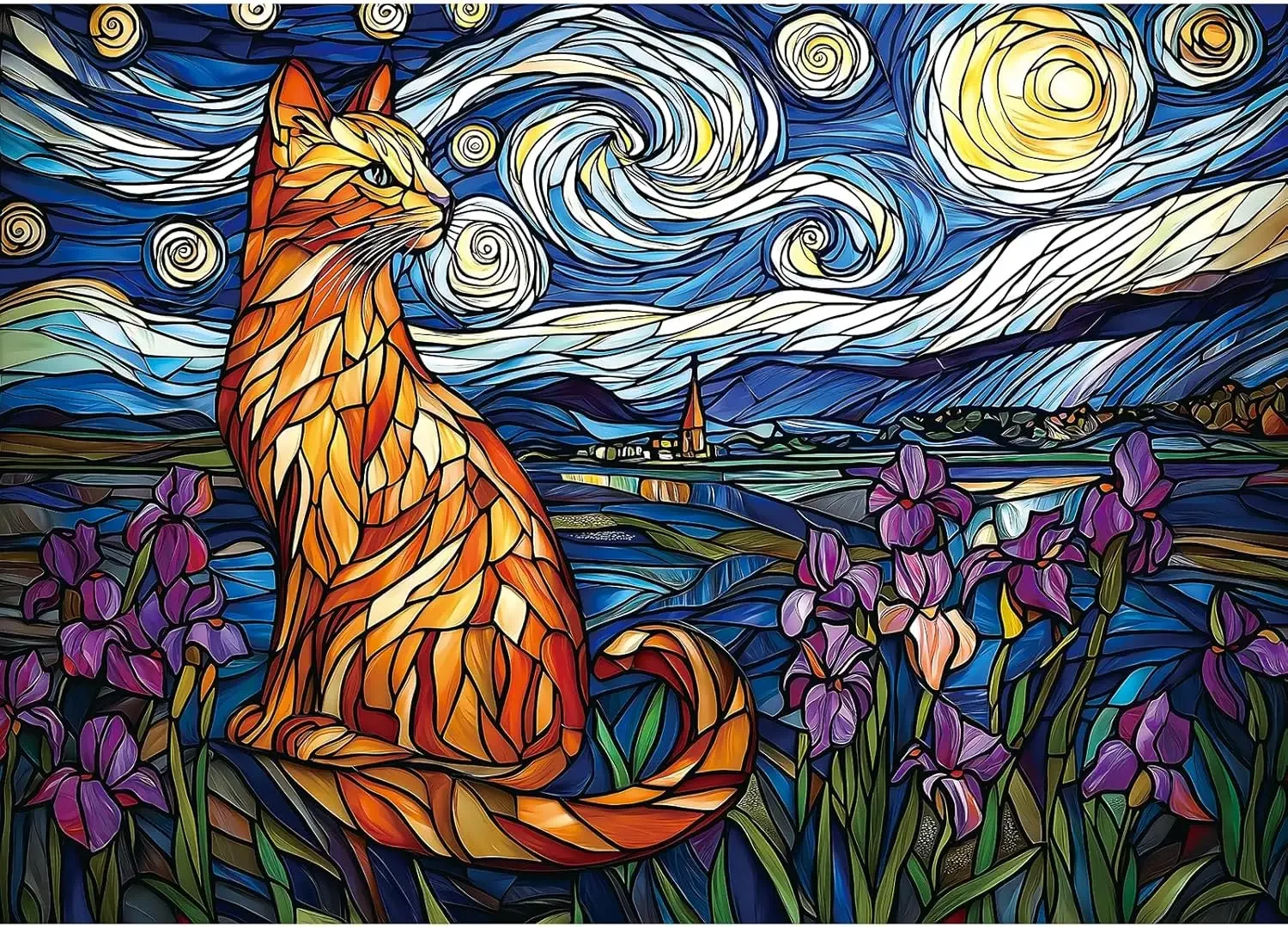

Adult Stained Glass Starlit Sky Cat Landscape Puzzles 1000/500/300/120 Piece Jigsaw Puzzle for Adult Educational Toy Game Nights