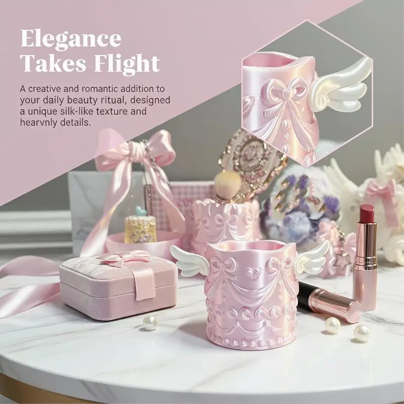 1Pcs Silk Texture Girl Luxury Cosmetic Organizer Bucket Angel Wings Relief Makeup Brush Holder Desktop Pen Cup Gift For Women