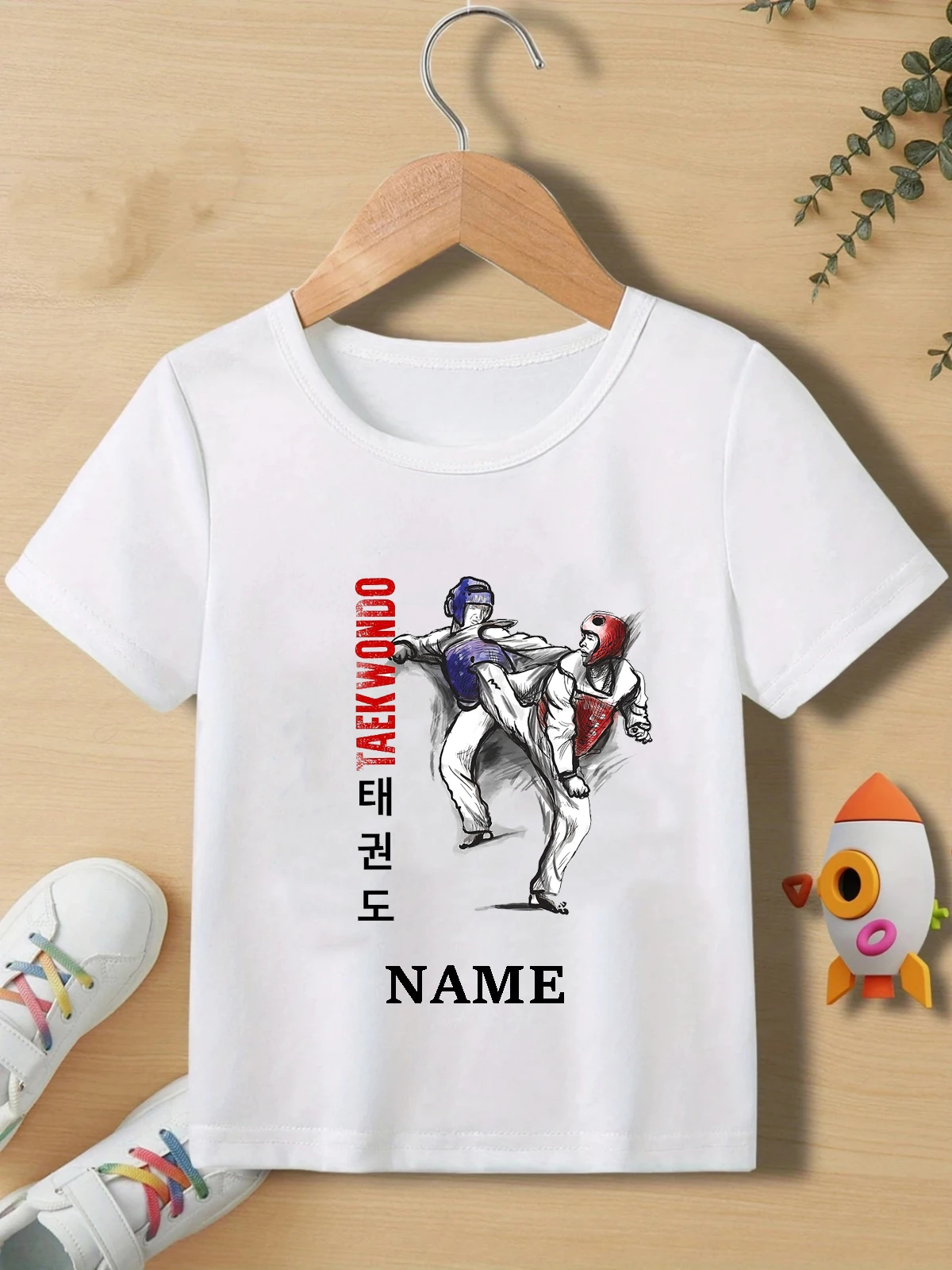 Personalized Name Taekwondo Fighter Korean Martial Art Kick And Punch Graphic Print Girls/Boys Fashion Short Sleeve Tshirt Tops