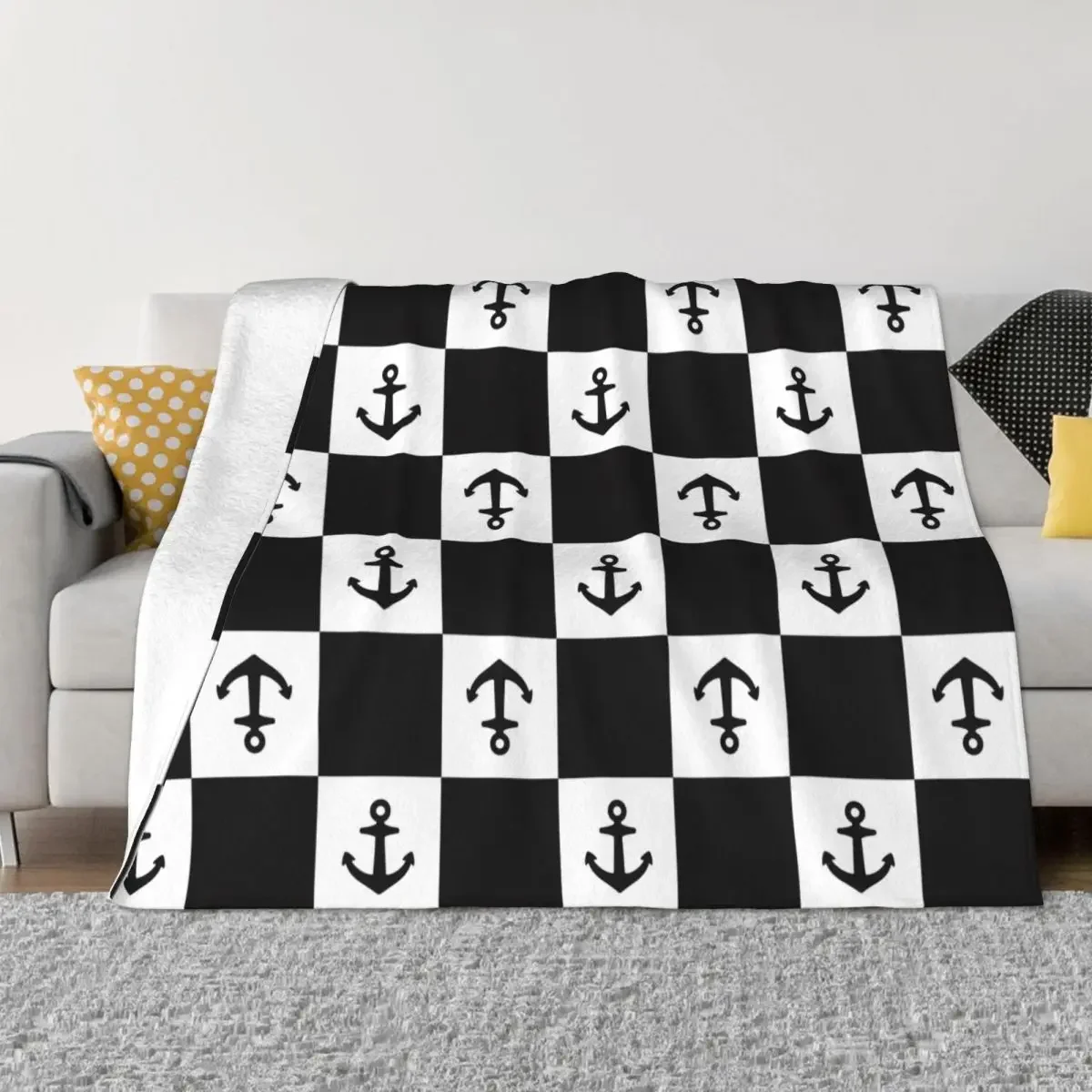 Anchor Boat Checked Pirate Helm Nautical Fleece Throw Blankets Blanket for Bed Couch Lightweight Plush Thin Quilt