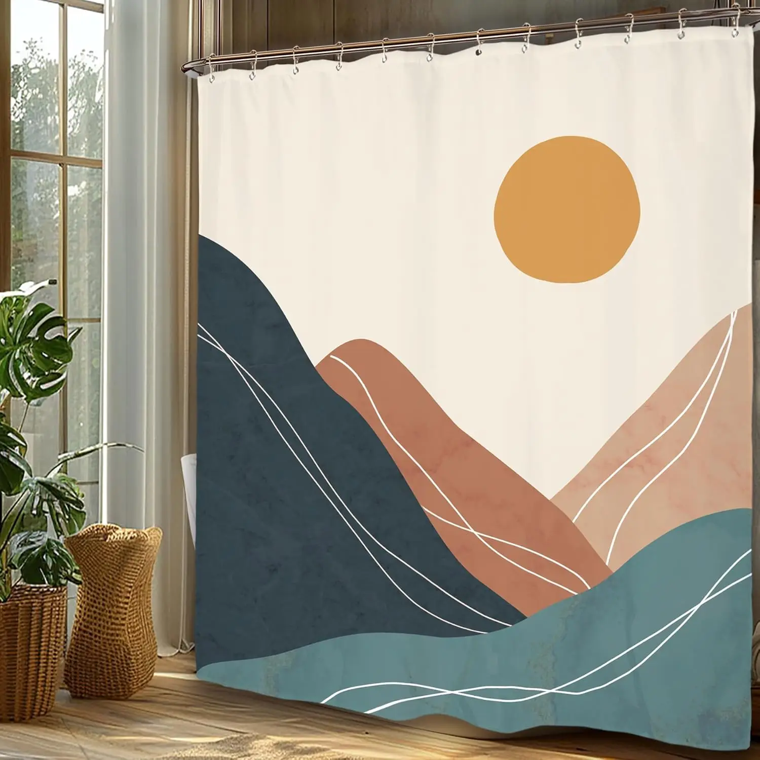 Abstract Mountain Shower Curtain Set Mid Century Minimalist Sunrise Sunset Natural Landscape Modern Polyester Waterproof Cloth