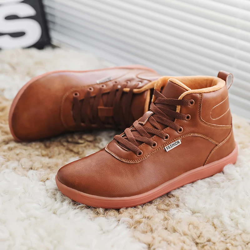 YUYIN Womens Men Wide Toe Box Faux Fur Lined Ankle Sneakers Unisex Winter Barefoot Shoes Artificial Leather Lace Up Shoes