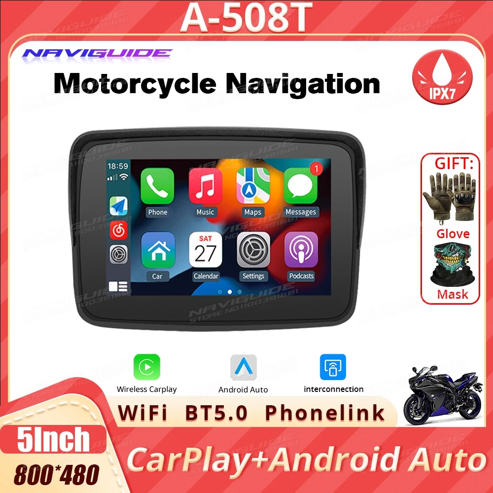 

NAVIGUIDE 508T 5" carplay motorcycle IPX7 waterproof display portable motorcycle wireless android autopilot screen WiFi dual BT