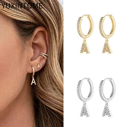 925 Sterling Silver Needle Letter Pendant Earrings For Women Micro Inlaid Crystal A-Z 26 Letters Hoop Earrings Fashion Jewelry
