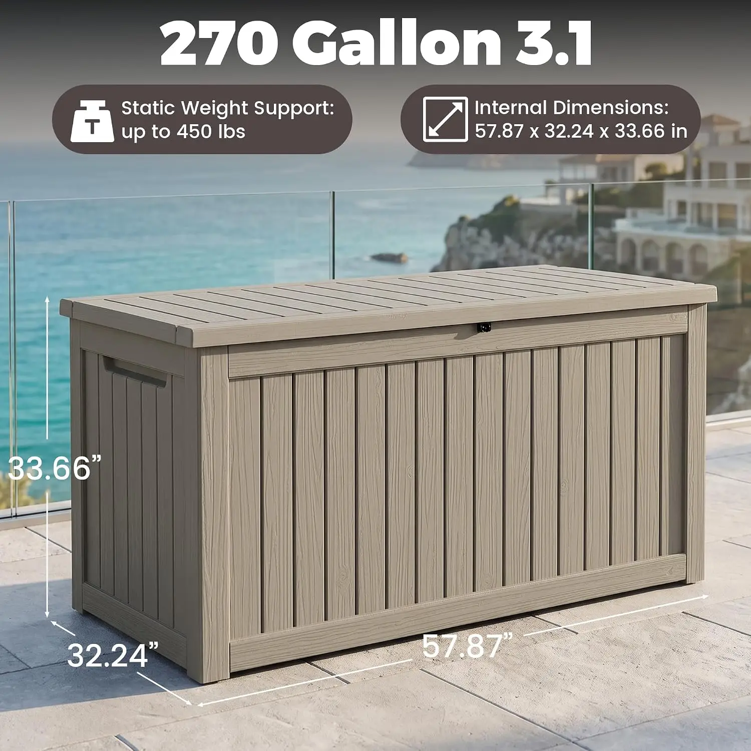 Outdoor Storage Box, 270 Gallon Waterproof Deck Box [Upgraded 3.1], Giant Resin Storage for Large Cushions, Heavy Duty Outside L