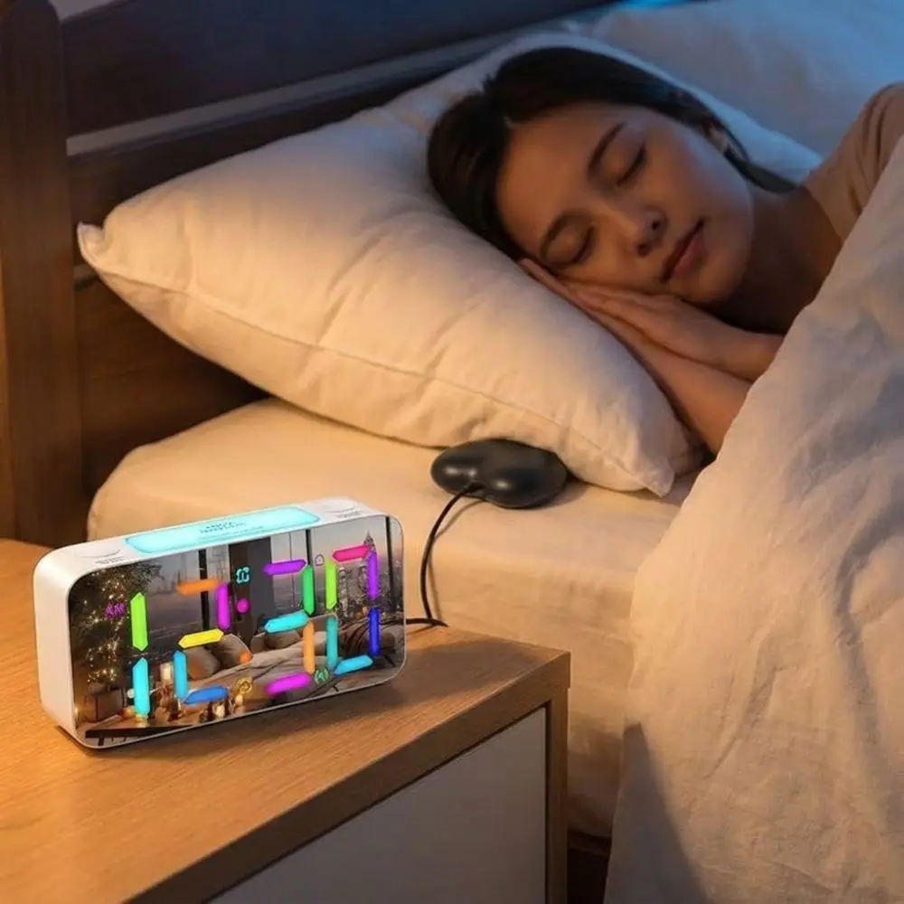 Heart Shape Vibrating Mirror Blind Alarm Clock Extra Large Display 3 Levels Brightness RGB Color Digital Alarm Clock