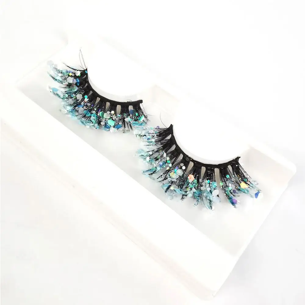 Unique Shining Colored Eyelashes Gold Pink Green Glitter Colorful False Eye Lashes Dramatic Halloween Party Rainbow Cilias