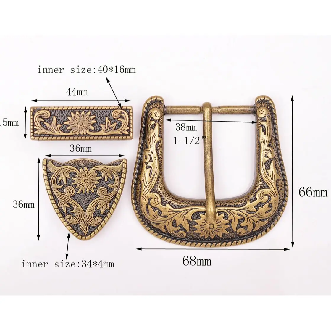 Conjunto de tres piezas de latón antiguo para hombre y mujer, Rodeo occidental lateral de cuerda Floral, hebilla de cinturón de cuero artesanal