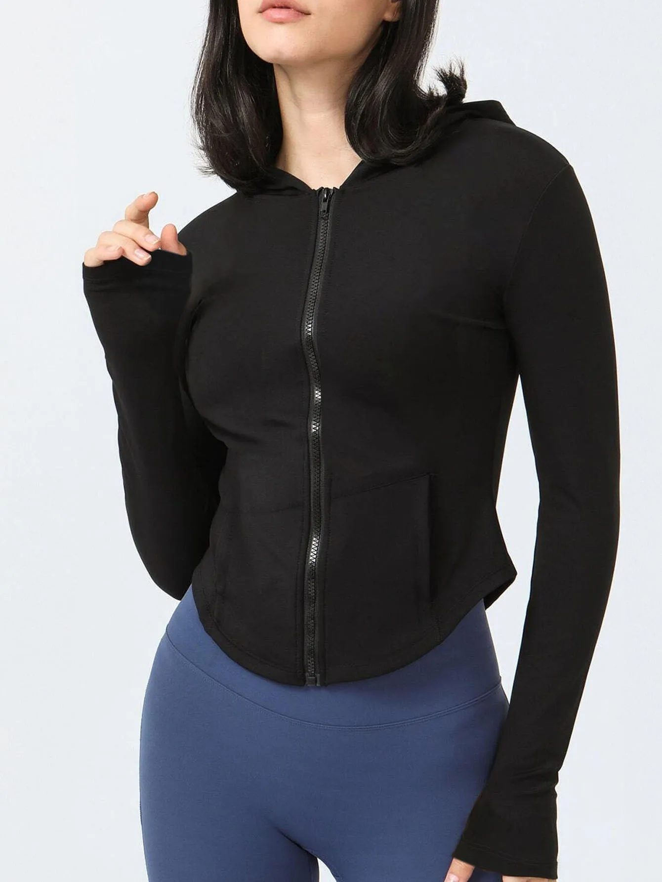 

Elegant Solid Color Zip-Up Hoodie for Women , Perfect for Fall Slim Fit Hooded Jacket with Pockets