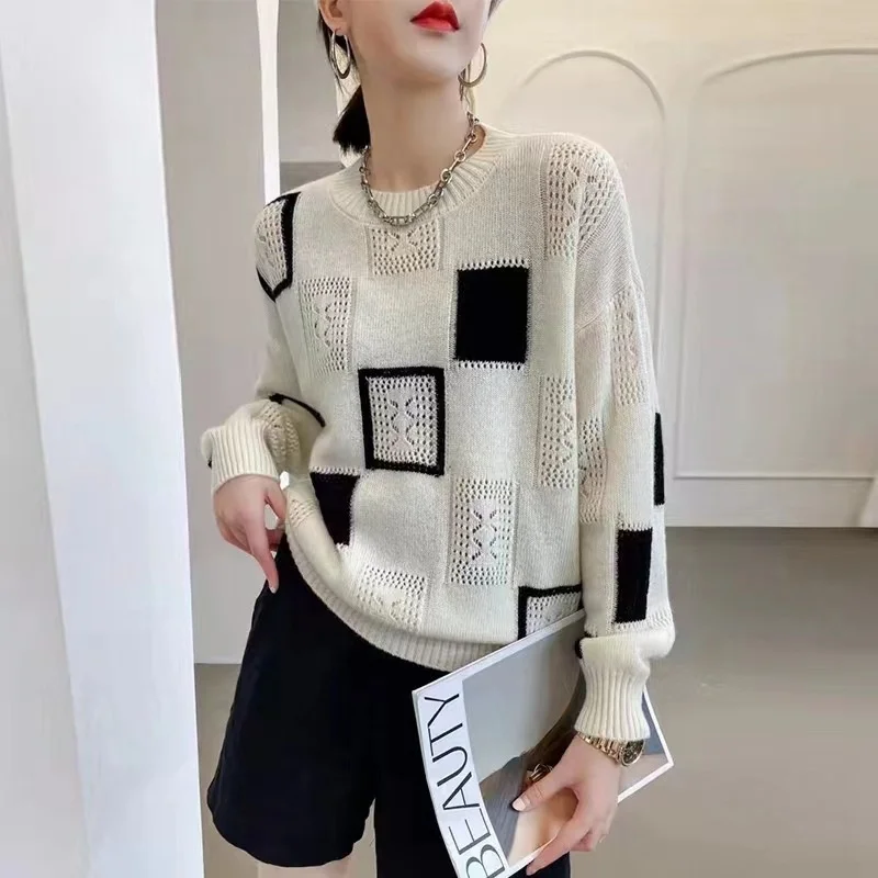 Women's Loose Fit Casual round Neck Long Sleeve Knitted Sweater Autumn Winter Fashion Slimming Versatile Hollow out Knitwear