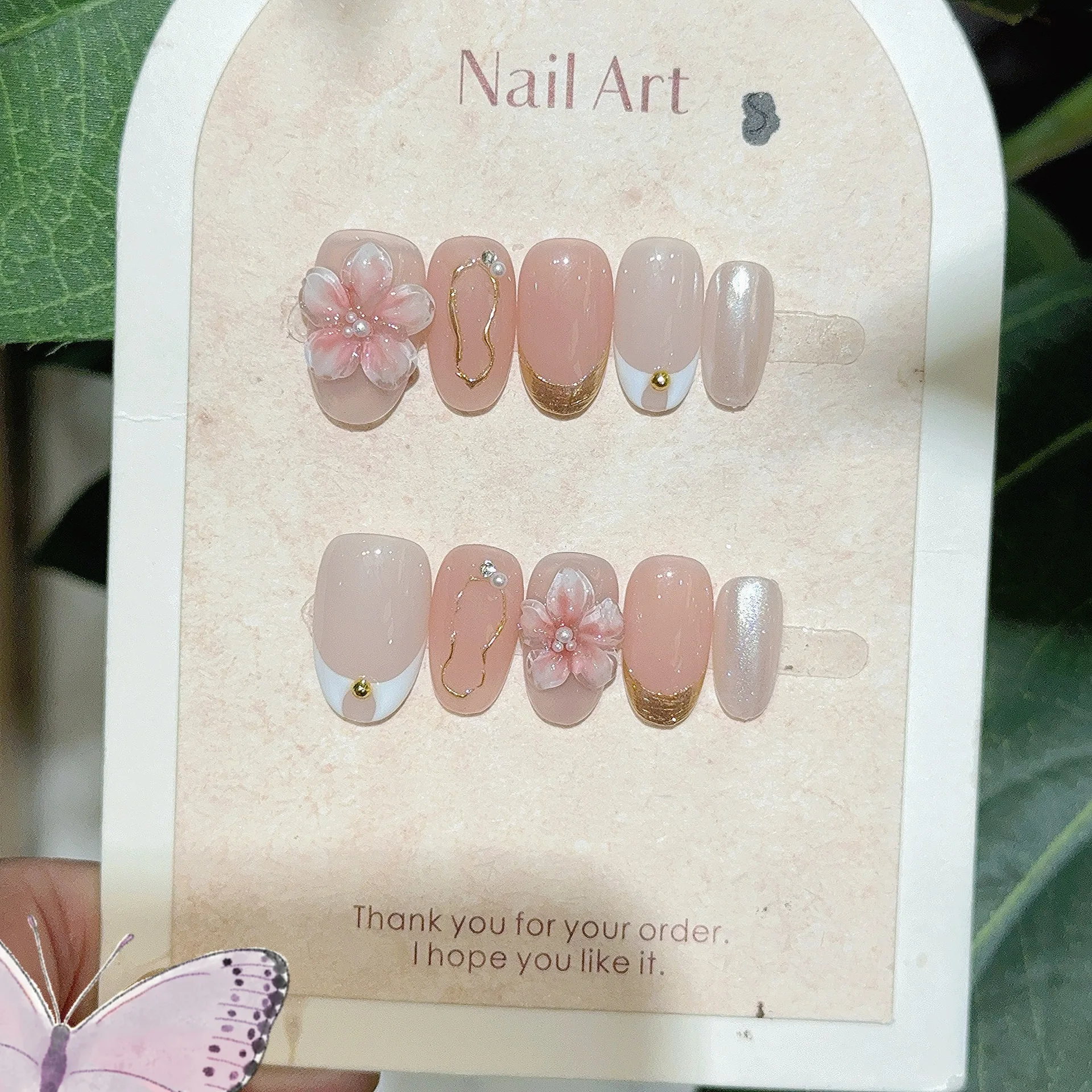 10 Uds. De uñas postizas hechas a mano de almendra francesa, uñas postizas de flores 3D, uñas postizas adhesivas, Uñas Наклад Ногти