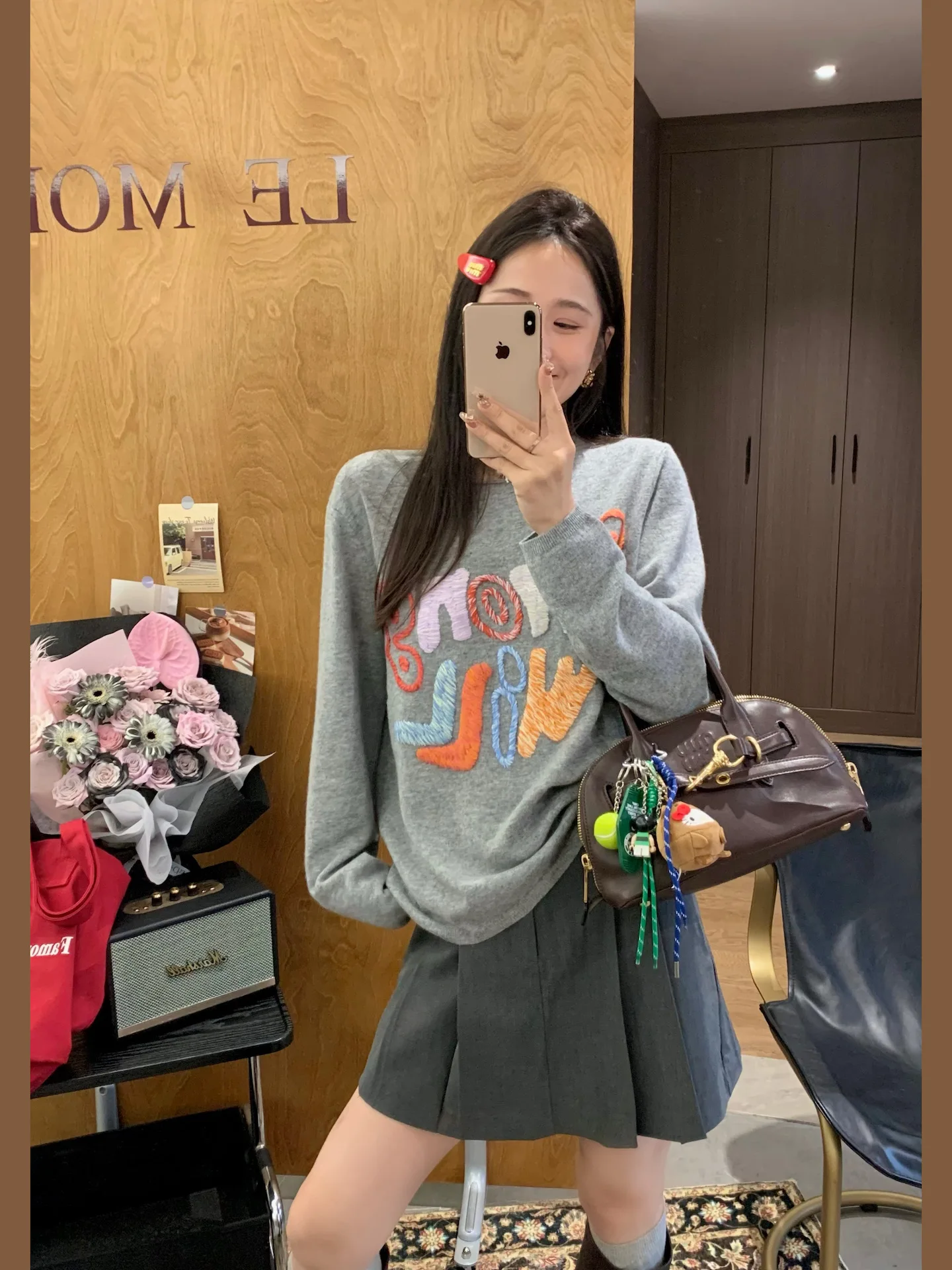 

Zhen Chun Hua Er Heavy Embroidery Full Wool Floral Knitwear Women's Versatile ey Korean Sle Micro Curl Ne Knitted Sweater