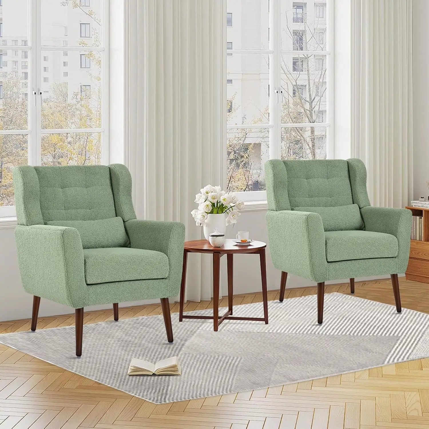 Modern Accent Armchair Set of 2, Teddy Upholstered Chair for Living Room & Bedroom with Lumbar Pillow & Wood Legs, Customized