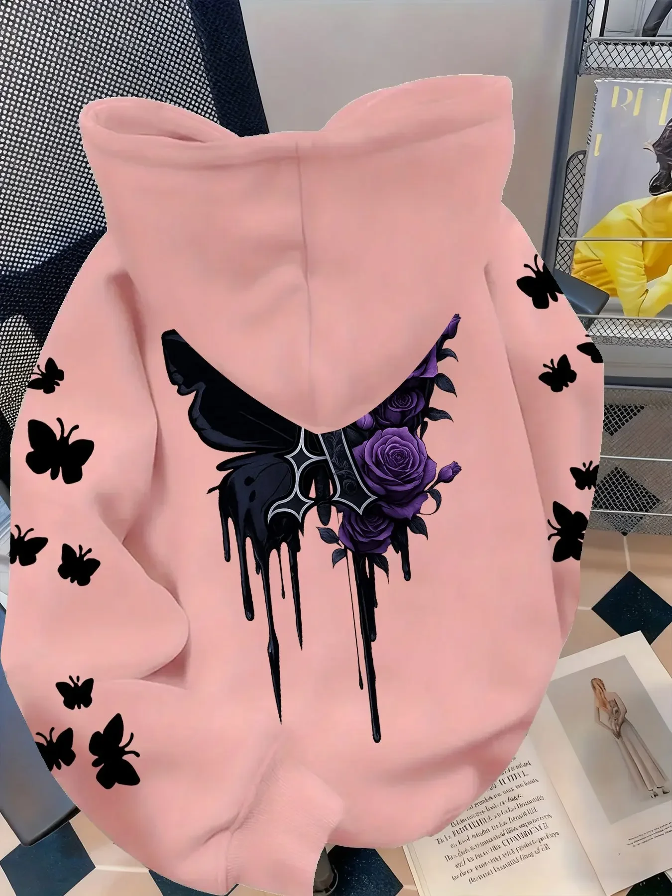 Herren Gothic Hoodie Lila Rose Schwarzer Schmetterling Drip Ästhetischer Grafikdruck Locker Sitzender Vintage Streetwear Pullover Sweatshirt – Detail 15