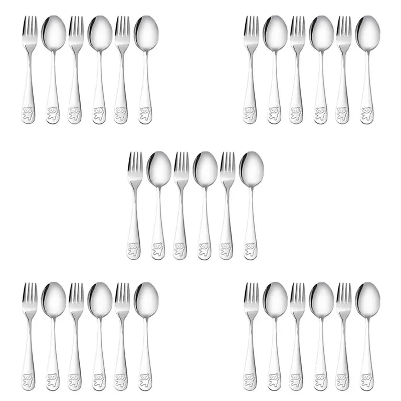 YSUN-5Set Stainless Steel Child Safety Cutlery Bear Children Spoon And Fork Set Toddler Utensils Metal Cutlery Set