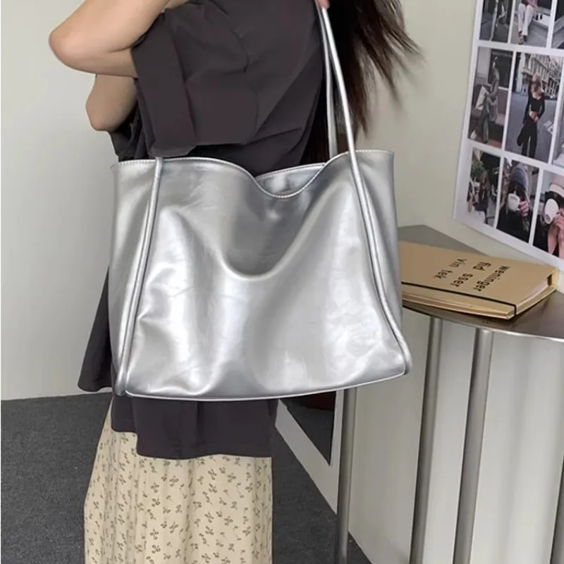 Xiuya 실버 패션 여성용 가죽 토트백, 단색 캐주얼 빈티지 숄더백, 절묘한 하라주쿠 여성 핸드백