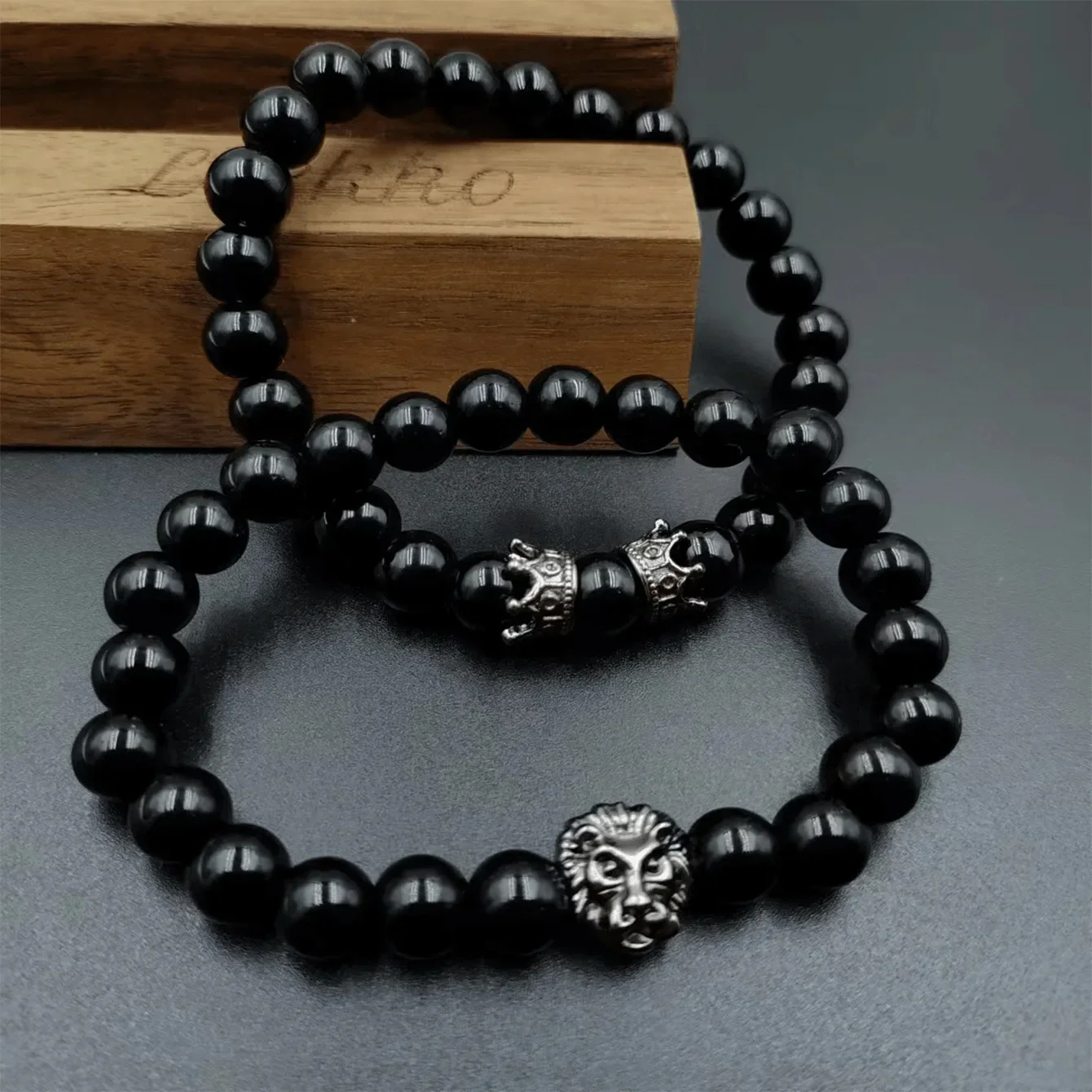 2pcs Lion's Head Crown Jewelry Sets For Men Black Frosting Stone Adjustable Bead Bracelet Jewelry Gift