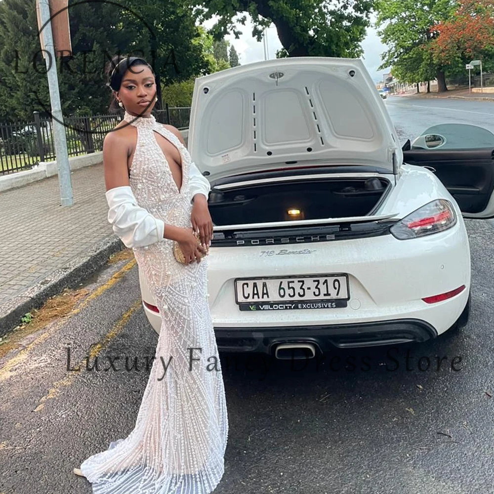 Eleganckie sukienki na studniówkę z perłami 2025, błyszczące zdobienia, krój syreny, halter, suknia bankietowa, ślubna, na przyjęcie, szyta na miarę, bez rękawów, robe d'été femme