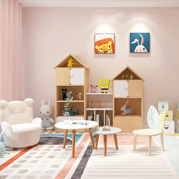 Modern bedroom playroom library wood kid book storage cabinet children's bookcase bookshelves set with drawer and door