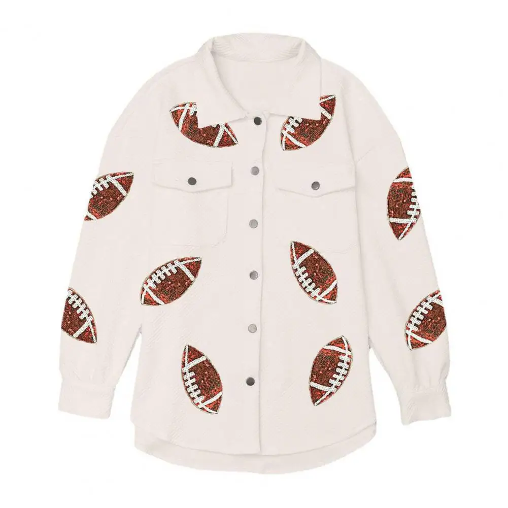 Loose Sequin Jacket Sequin Rugby Ball Pattern Women's Spring Coat with Turn-down Collar Patch Pockets Mid Length for Spring