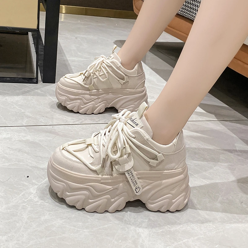 Fashion 8CM High Platform Sneakers Women Thick Sole Non Slip Sports Dad Shoes Woman Korea PU Leather Chunky Sneakers 2023 Spring