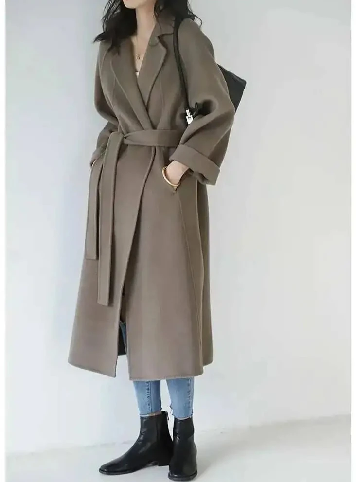 

2025 Fashion Women's Coat, Mid-Length Loose Wool Overcoat, Knee Length Wrap Coat for Autumn Winter, Elegant Warm Trench Coat