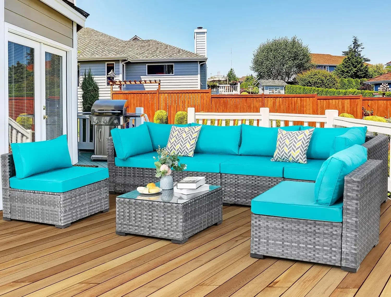 

Wicker Patio Furniture 7 Pieces Conversation Sets, Outdoor Rattan Patio Sofa Porch Furniture Set with Washable Cushions