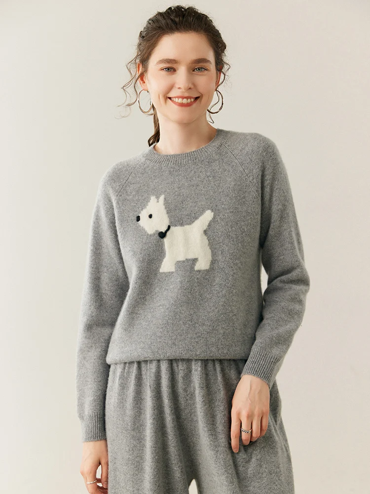 TLOML Women's 100% Cashmere Sweater O-neck Hand Embroidered Cartoon Dog Pullover Autumn Winter Soft Thick Cashmere Knitwear Tops