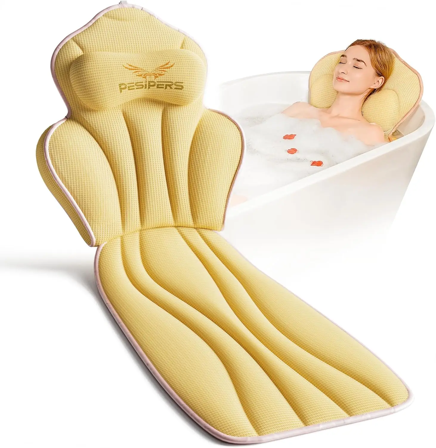 

Full Body Bathtub Pillow with 13 Suction Cups, 3.9" Thick Cushion for Back & Neck Support, Soft Air Mesh Mat