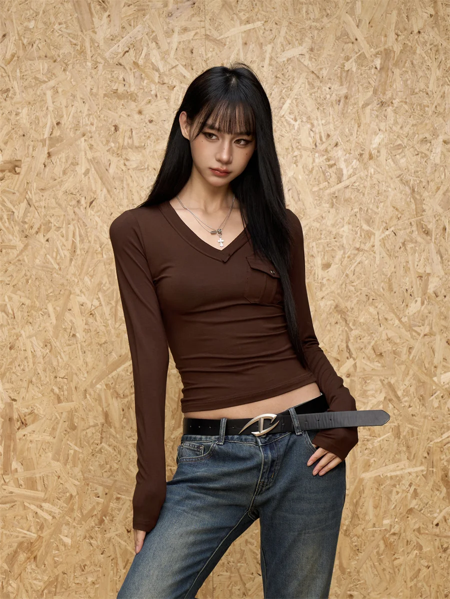 

Американский ретро-коврик V-ne Long Sve Футболка Женская ort Fit Универсальная элегантная основа irt Топ кофейного цвета