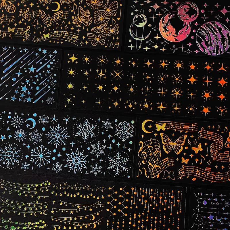 3 Sheets Waterproof Gilded Silver Fireworks Banquet Stickers Stars Meteors Moon for Scrapbooking DIY Collage Material