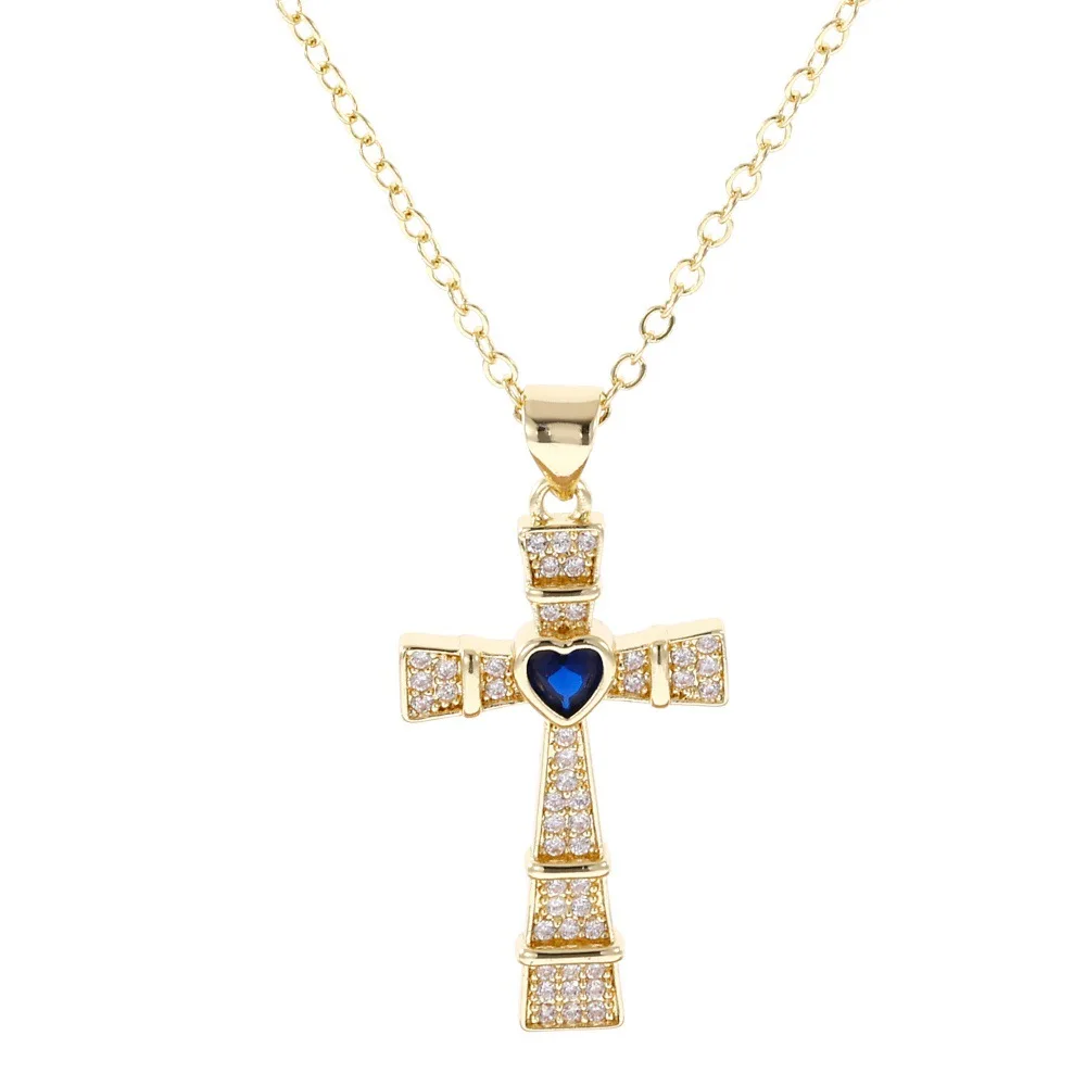 Fashion Cubic Zirconia Cross Pendant Necklace For Women Gold Plated Clavicle Chain Colorful Heart Gem Choker Trendy Lucky Jewelr - view 6