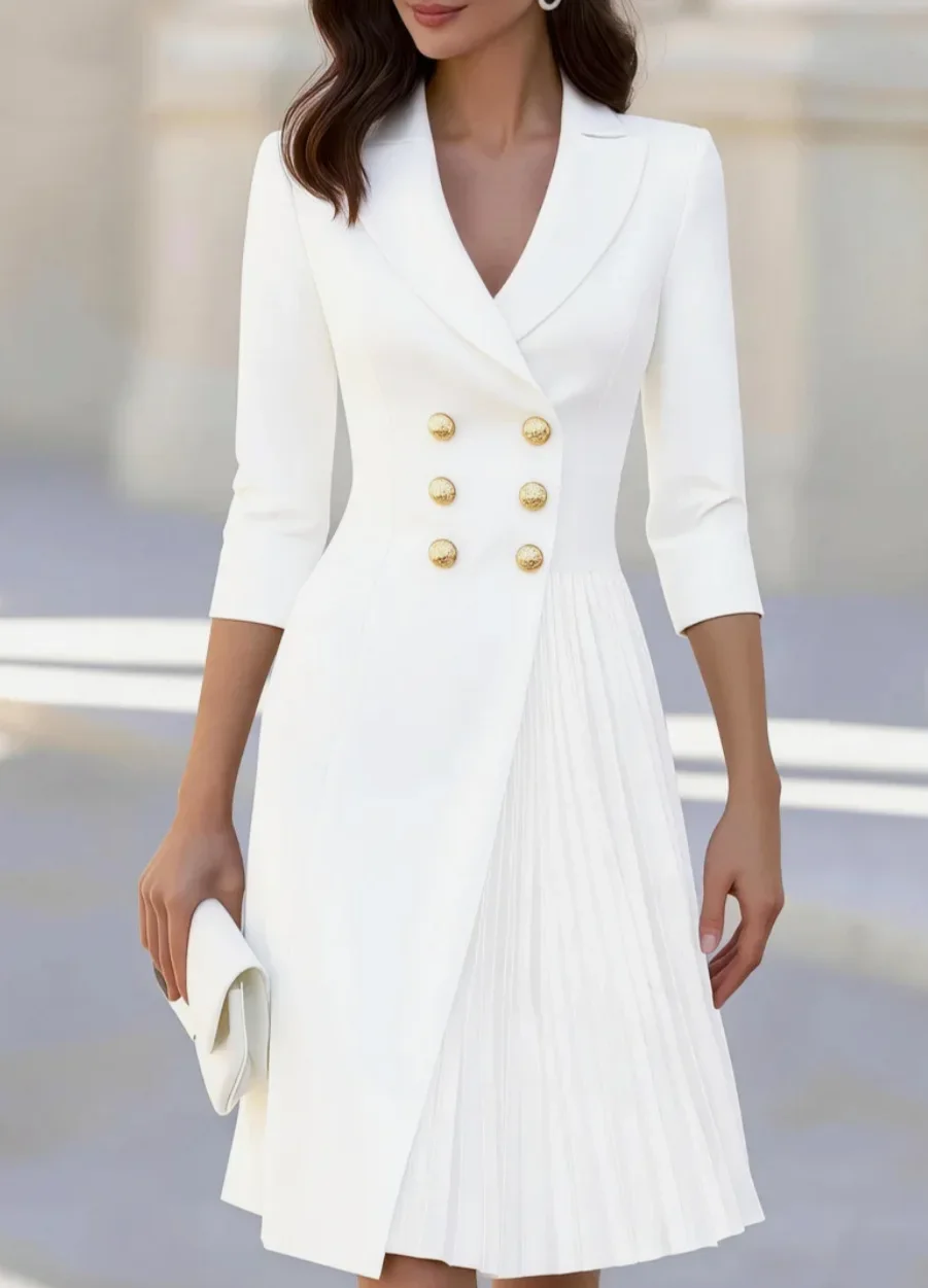 Women Notched Lapel Double Breasted Blazer Dress 3/4 Sleeve Pleated Hem Solid Elegant Office Formal Midi Dress