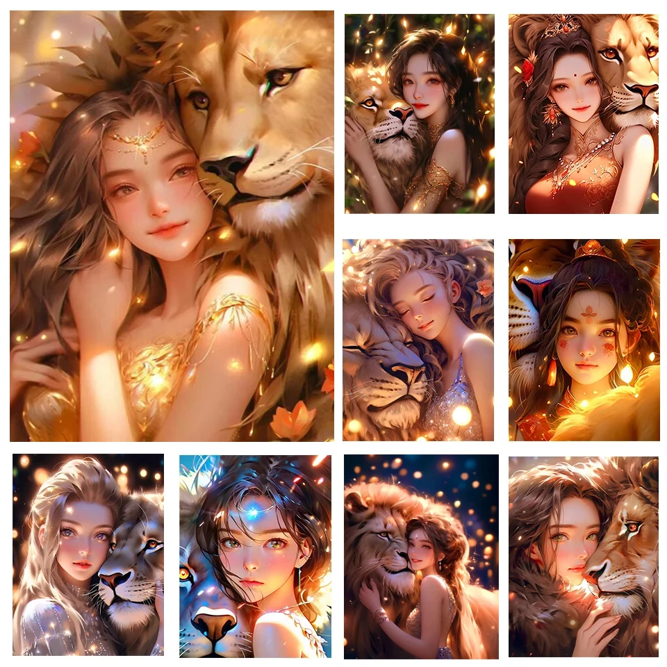 Female Fairy Angel Elf Girl 5D Diy Diamond Painting Mosaic Magical Mysterious Big Cat, Tiger Lion  Diy Diamond Embroidery Y1393