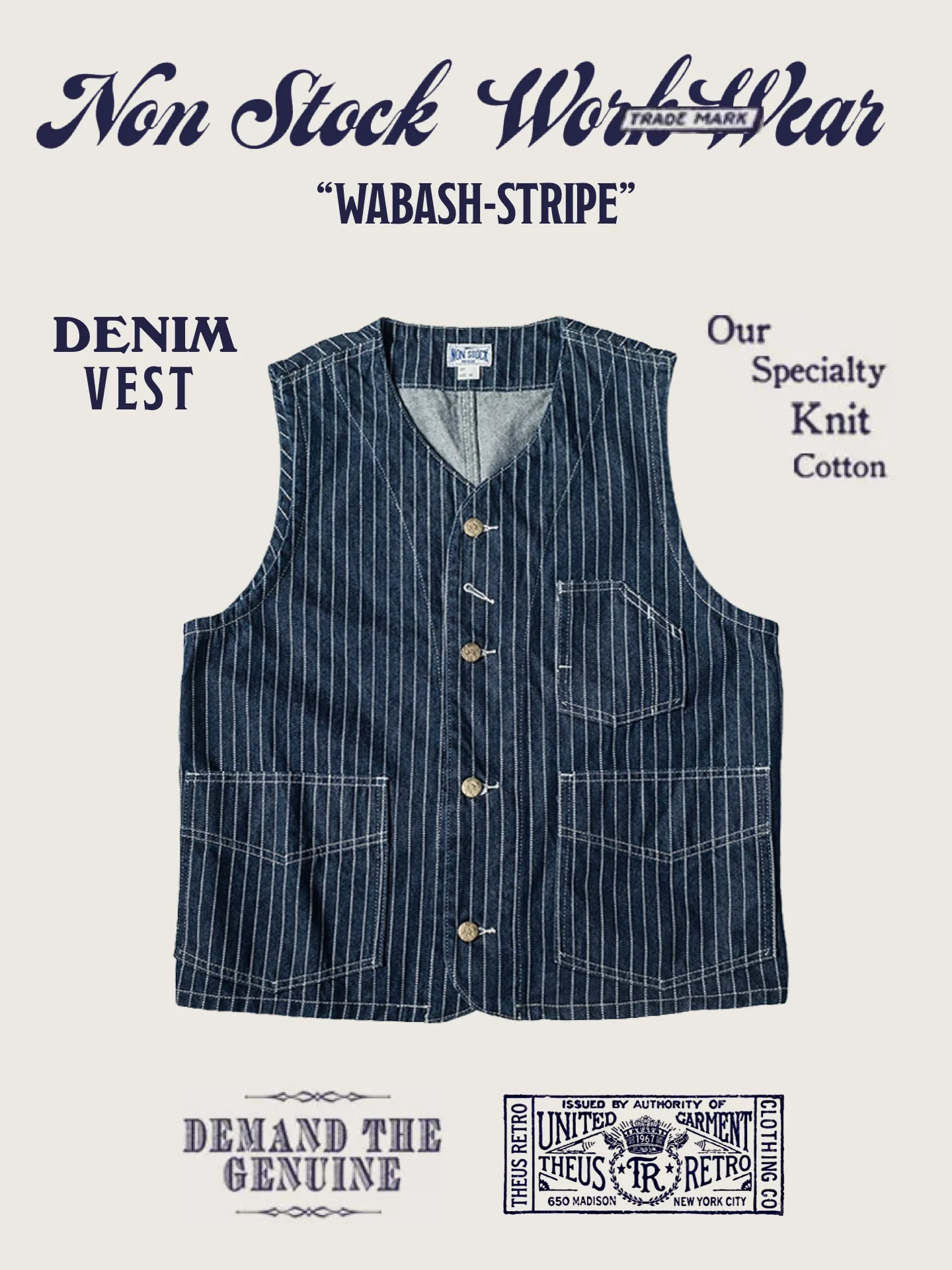 American Retro WABASH Workwear Vest Printed Striped Rail Way Uniform Cotton Denim V-neck Warm Inner Wear Casual Fashion