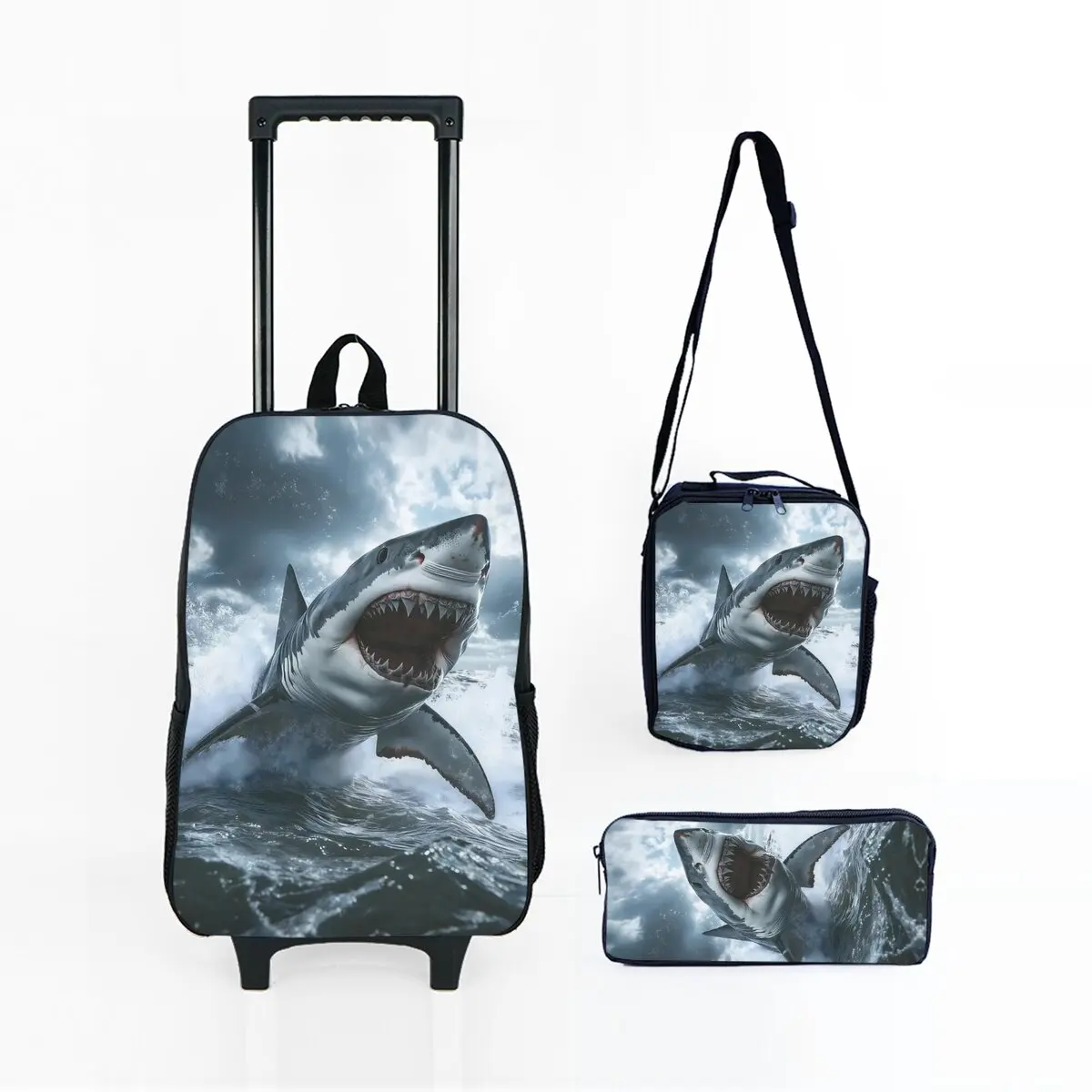

Детская сумка на колесиках с принтом акулы и ланч-бокс, сумка для ручек с колесами, школьная сумка-рюкзак на колесиках для девочек и мальчиков