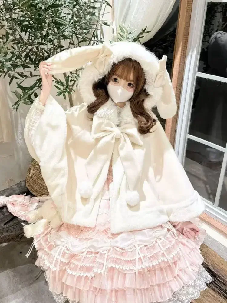 

2025 Autumn/Winter Coat Sweet Bow Rabbit Ears Lolita Cloak Women Coat Cute Short Loose Thick Warm Wool Shawl Cape Women Clothing