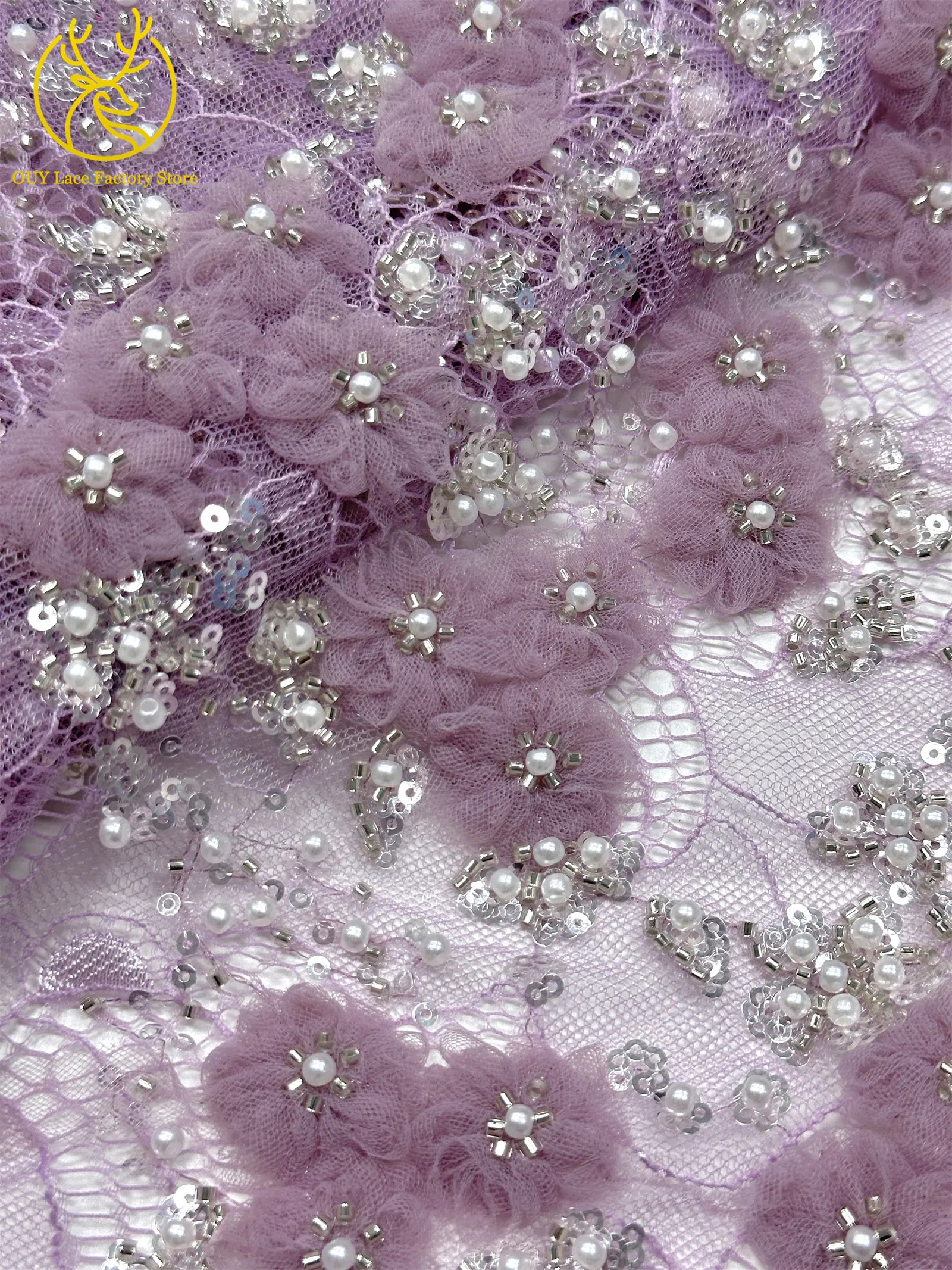 Französische Stickerei, kleiner Pflaumenblüten-Perlen-Spitzenstoff, exquisiter nigerianischer Perlen-Pailletten-Spitzenstoff für Hochzeitskleider zum Nähen – Detail 15