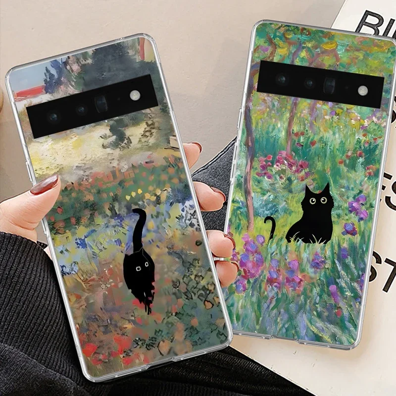 Retro Art Oil Painting Van Gogh Black Cat Phone Case For Google Pixel 8Pro 8A 7 6A Monet Soft Silicone Cover For Google 9Pro XL