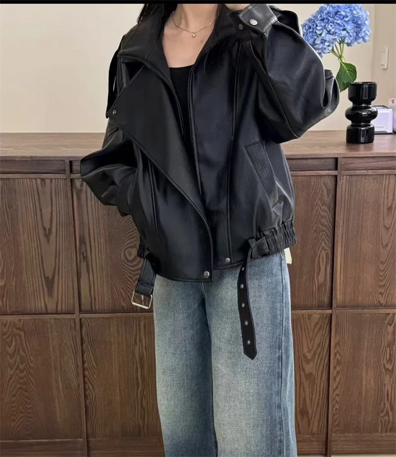 Guobioziy 2026 Fall New Women's Jacket 2026 Fall New Release Loose Faux Leather Biker Jacket Parka European and American Style