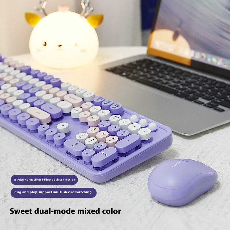 Mofii Dual-Mode 2.4g Wireless Keyboard And Mouse Set Bluetooth Girls Mechanical Feeling Retro Round Keys Automatic Power Saving