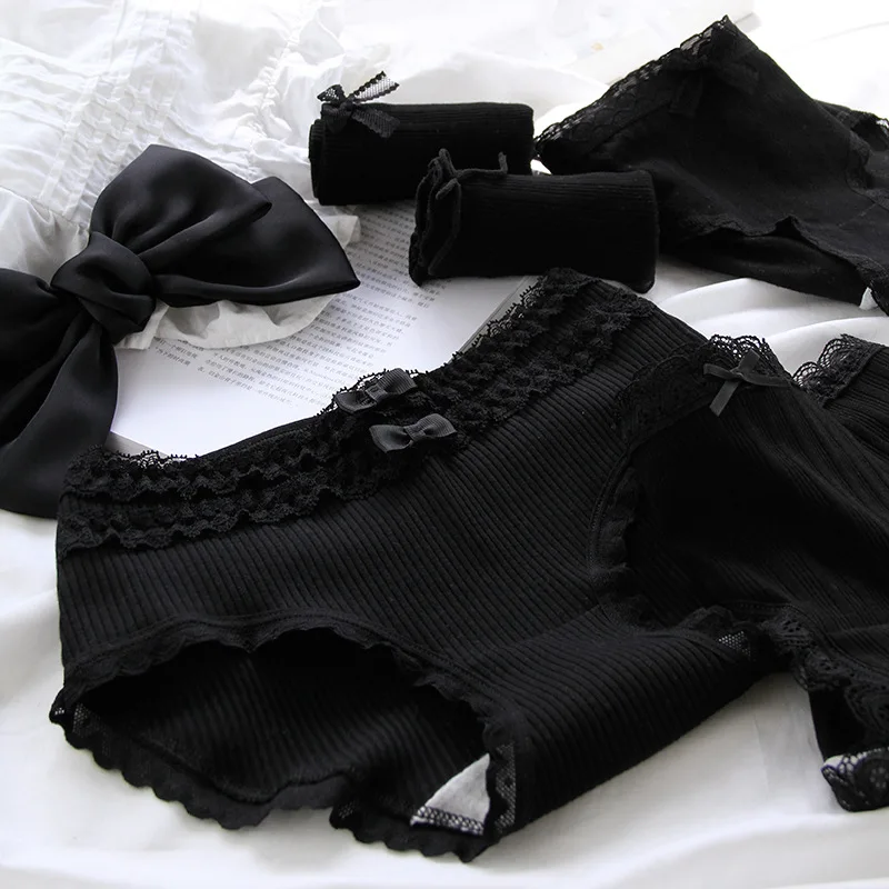 5 unids/set de bragas de algodón, ropa interior Sexy de encaje, lencería de algodón de estilo negro para mujer, bragas para niñas, pantalones cortos, calzoncillos